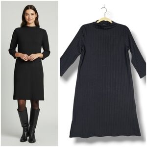 Eileen Fisher Black Ribbed Funnel Neck Shift Dress Soft Tencel Womens Size XS